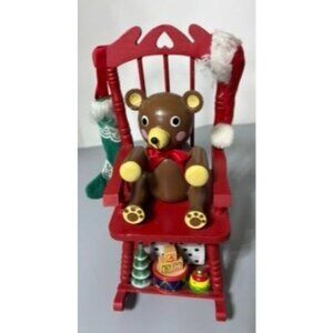 Vtg Christmas Rocking Chair Music Box Teddy Bear Wooden Holiday Decor